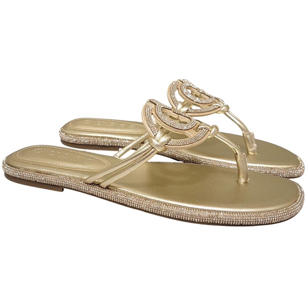 GUESS Women Saima Rhinestone Logo Flip Flop Thong Sandals Size US 8M Gold